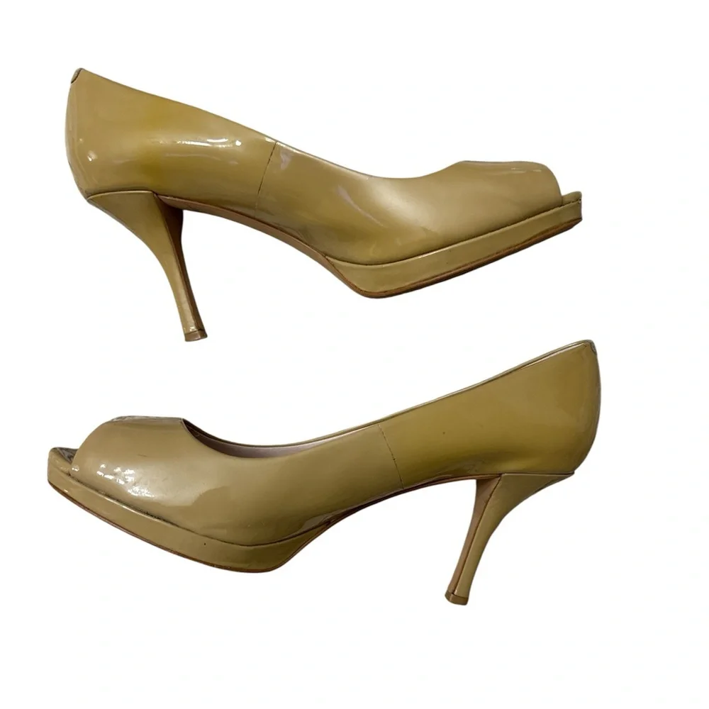 Vince Camuto Kira Blush Nude Patent Leather Tan Peep-Toe Heels